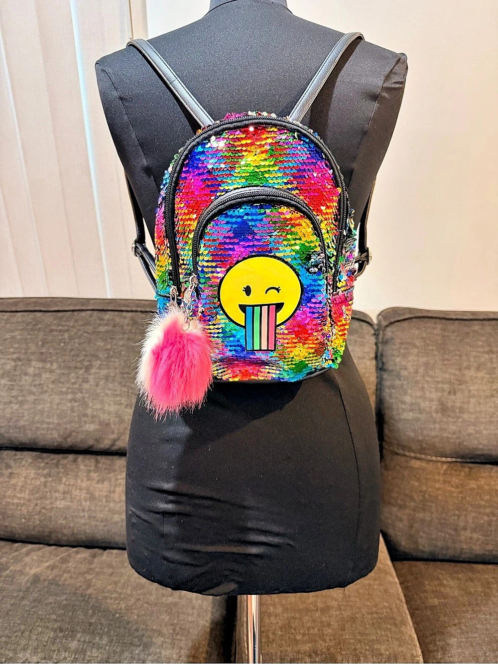 Justice Rainbow Sequin Emoji Mini Backpack with Pom